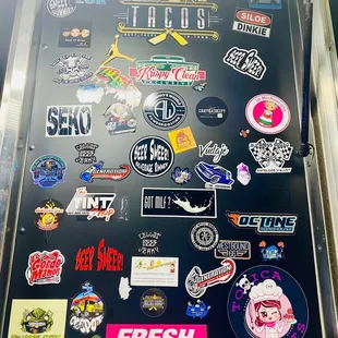 stickers on a refrigerator