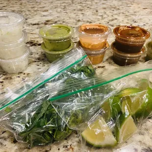 Onion, cilantro, limes, salsas
