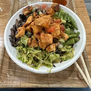 Chicken, forbidden rice and beans, and veggies