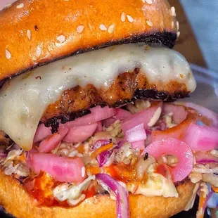 a sandwich with meat and cheese