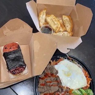Spam Musubi, Gyoza,Bibimbap