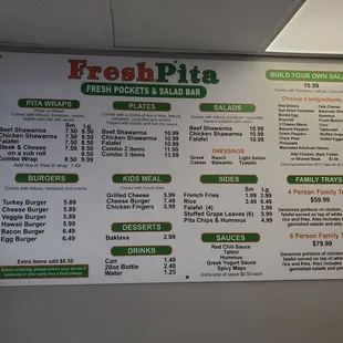 a menu for fresh pita