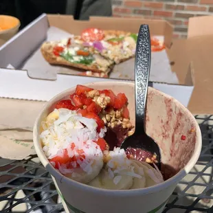 Strawberry Açaí bowl and Mediterranean Pizza