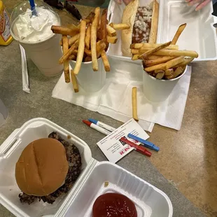 Hamburger, fries, chili dog.