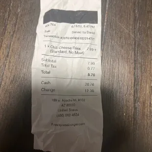 Chilli cheese receipt