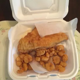 Shrimp and flounder plate. Nothing amazing but competently fried (even though the shrimp is definitely frozen).