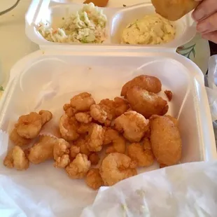 Shrimp plate plus some hushpuppies. Probably the best combo here (though the slaw is pretty horrid)