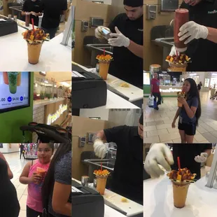 a collage of images of a man and a woman at a fast food restaurant