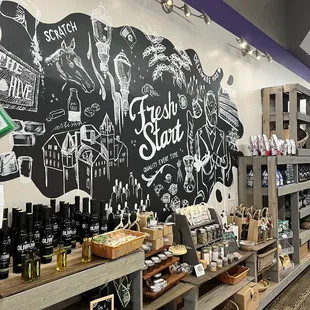a chalkboard with a variety of products