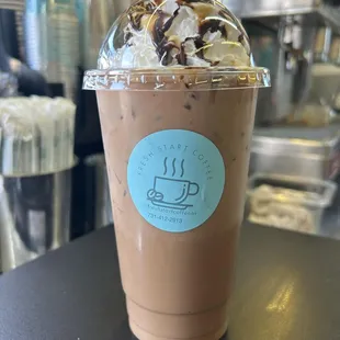 Iced or hot caramel mocha with added chocolate and caramel drizzle.