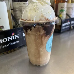 Mocha frappe with added chocolate drizzle.
