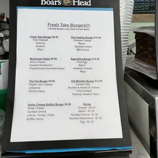 menu for fresh take burger