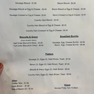Breakfast menu M-F 7-1030
