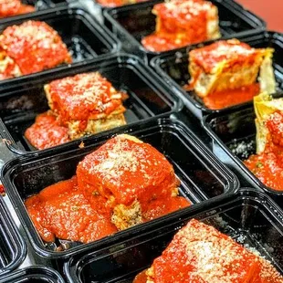 Turkey Lasagna - lasagna noodles layered with seasoned turkey meat, parmesan, ricotta, mozzarella, fresh basil, and tomato sauce.