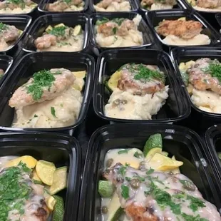 Chicken Piccata - sautéed chicken breast, garlic lemon caper sauce, papperdella pasta, and steamed broccoli.