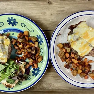 Cheeseburgers loaded with mayo, ketchup, mustard, relish, greens and a side of roasted veggies