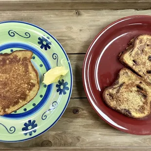 Multigrain apple butter pancake and Cinnamon Streusel French Toast both served with local syrup