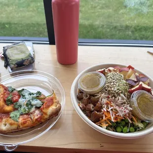 Margherita pizza and sweet greens salad