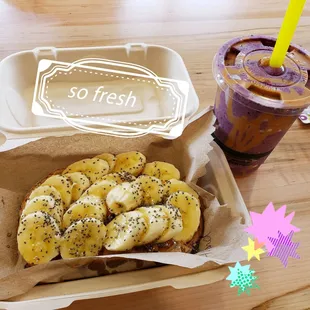 a tray of sliced bananas and a drink