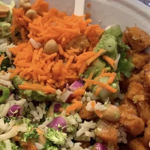 a plate of salad with carrots, broccoli, and peanuts