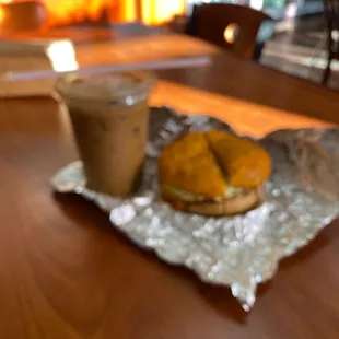 My order. Vietnamese iced coffee and Sausage eggwich.