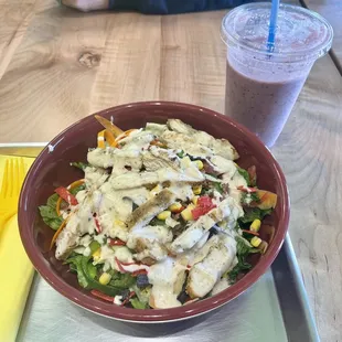 Signature southwest chicken salad and berry smoothie