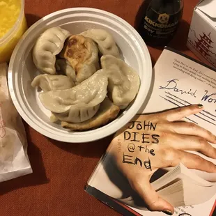 Pan fried dumplings, egg drop wonton soup