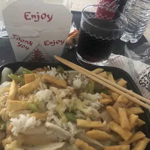 Chicken chow mein with white rice - take out