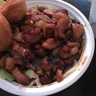 Burbon chicken (with sweet bread on the side of the bowl)