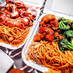 two take out containers of food