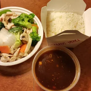 Steamed Chicken with Mixed Vegetables, white rice, and sauce on the side... $8.98