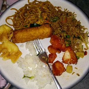So good!  Veggie fried rice, chicken lo mein, sesame chicken, cream cheese won tons,  and egg roll.
