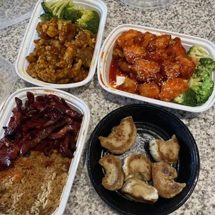 Orange beef, Boneless spare ribs and fried rice combo, Fried dumplings, and Sesame chicken
