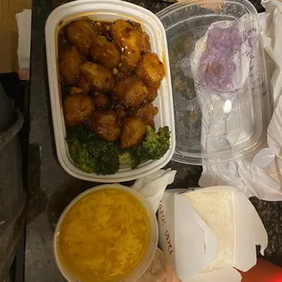 General tso, Egg Drop Soup, white rice