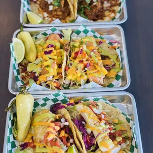 Bottom to top: Baja fish tacos, Salmon tacos, and Birria tacos