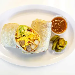 Bonito Burrito with scrambled eggs, bacon, sausage, potato, mozzarella, Freshco chunky signature avocado, and mango salsa