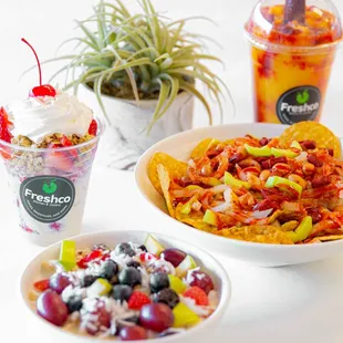 From left to right- Fresas con Crema, Biónico, Tostilocos, and Chamango