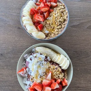 two bowls of fruit and granola