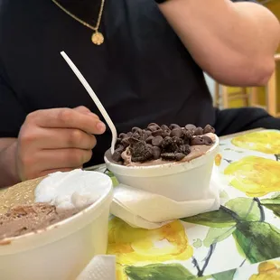 Coconut, Nutella, &amp; coffee (on left) | Nutella&apos;s, Romeo and Juliet, &amp; cookies and crème (right) with chocolate chips and Oreo pieces