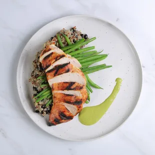 Organic Grilled Peruvian Chicken 
 Coconut-Infused Quinoa Black Beans, Choice of Haricots Verts (Green Beans) or Broccoli