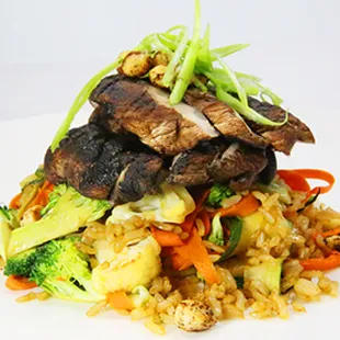 Grilled Portabella Stir Fry Sliced grilled season portabella mushrooms, tossed with carrots, zucchini, broccoli and cauliflower.