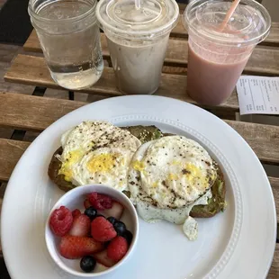 Avocado toast, berry good smoothie, vanilla sweet cream latte