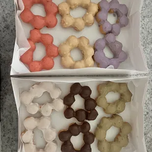 Mochi donuts: Top box(from left to right): strawberry, banana, taro  Bottom box: coconut, chocolate, matcha