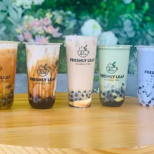 Jungle fruit tea, brown sugars, supreme signature milk tea, jasmine matcha latte, and taro milk tea