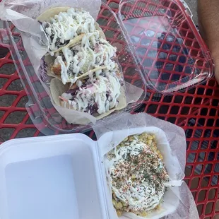 One brisket taco 2 crispy chicken and elote!!