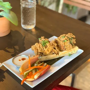 Crunchy oven baked banana flower mock chicken and waffles