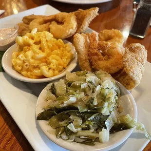 Fried fish cabbage and Mac and cheese