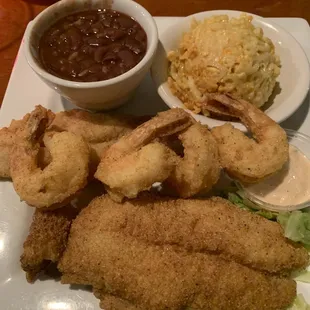 Fried White Fish Swai and Shrimp Dinner with Mac &amp; Cheese and Red Beans &amp; Rice!