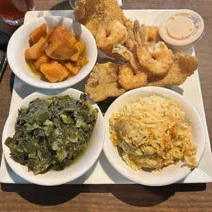 Fried Catfish and shrimp Dinner, collards, Mac n cheese and candied yams