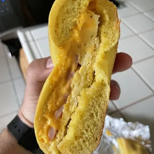 All in 1 breakfast sandwich on an egg bagel.